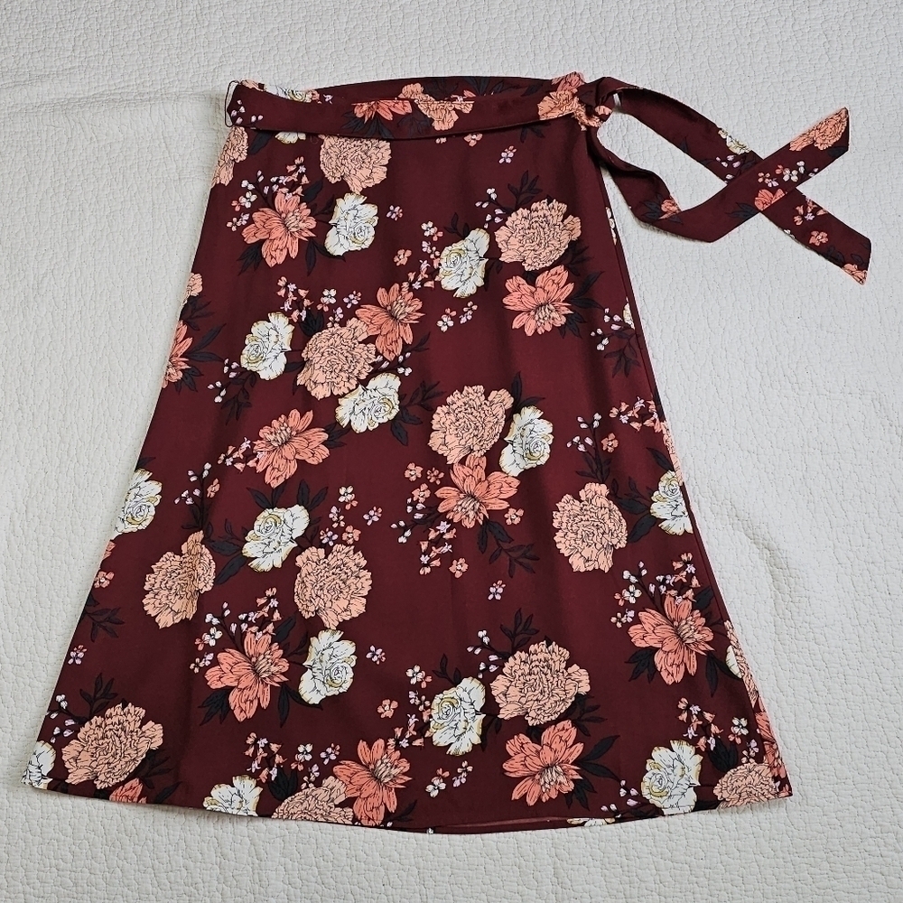 LOFT Floral Maron Midi Skirt with Self-Tie Sash Belt